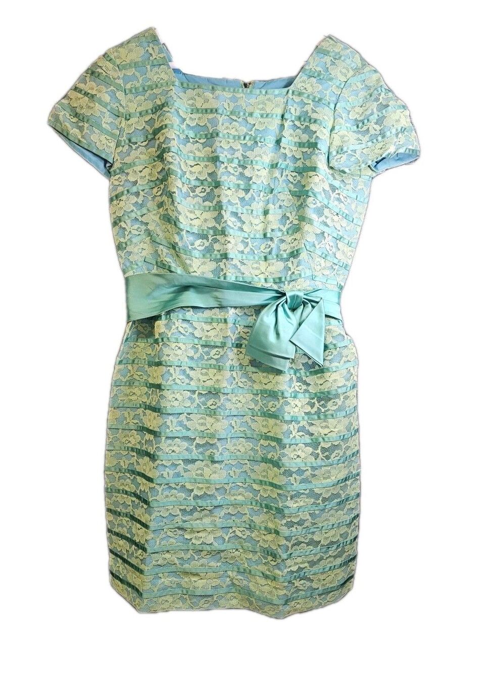 Vintage Aqua Lace Party Dress Satin Bow Sheath Mad Men Cocktail Dress